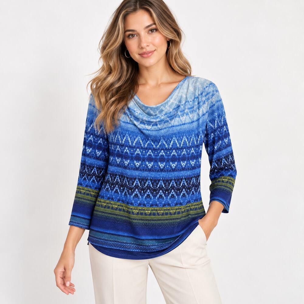 Susan Graver Liquid Knit Blouse Women's Size XL Blue Office Business Casual Boho
